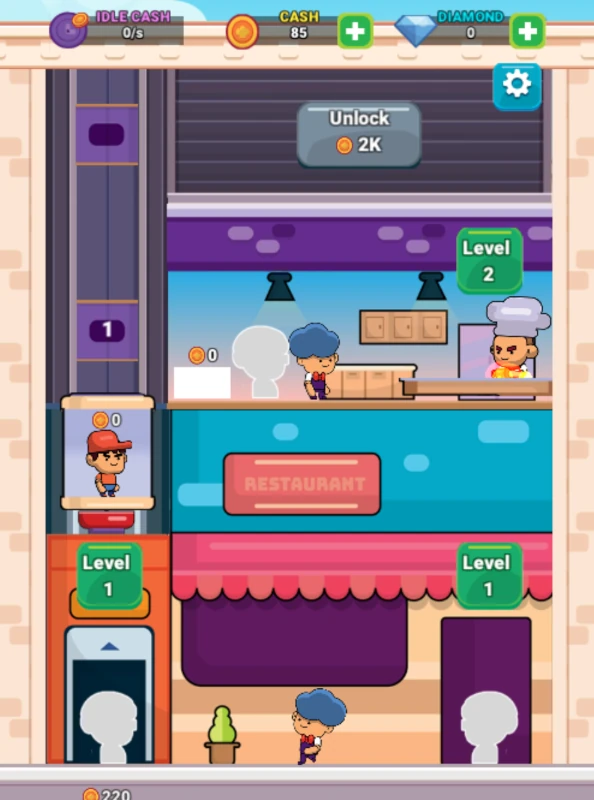 Screenshot of Idle Restaurant Free Online Game featuring 3 floors of a restaurant