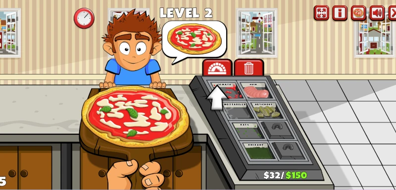 Funny looking Pizzeria employee delivers a margharita pizza in the Pizza Party online game